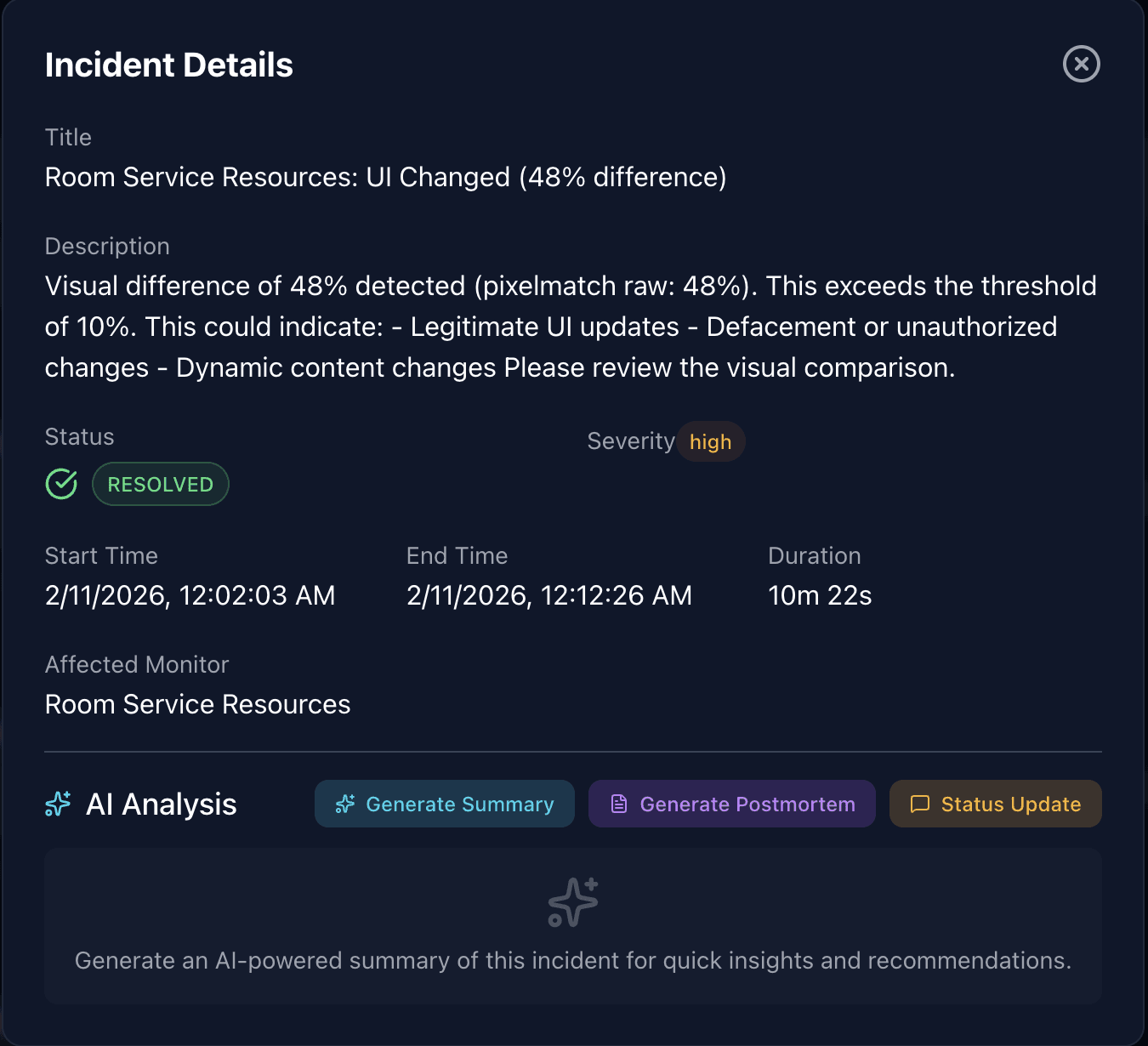 Incident details — 48% diff, 10m 22s duration
