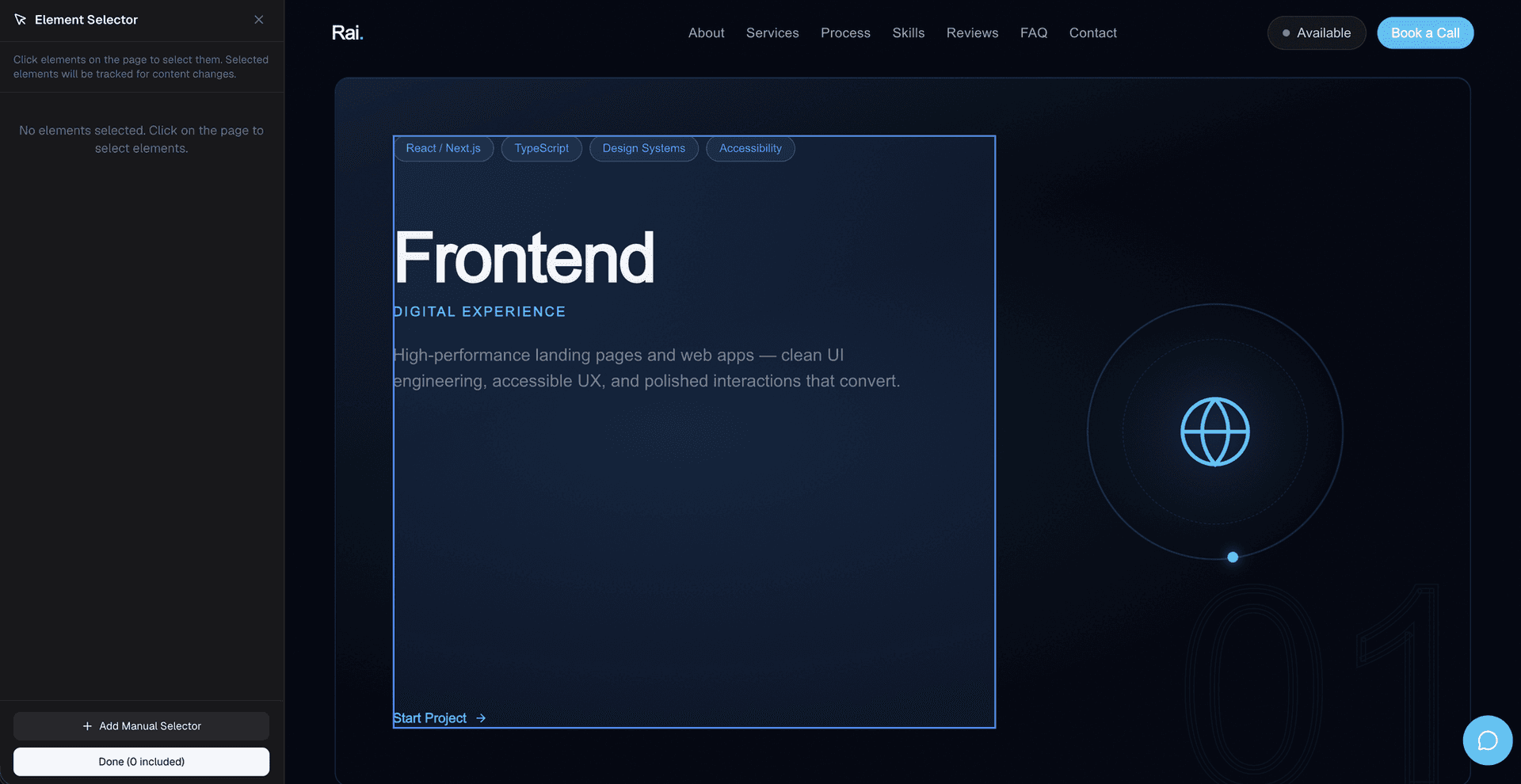 Visual element selector overlay showing click-to-select content monitoring setup on a live website